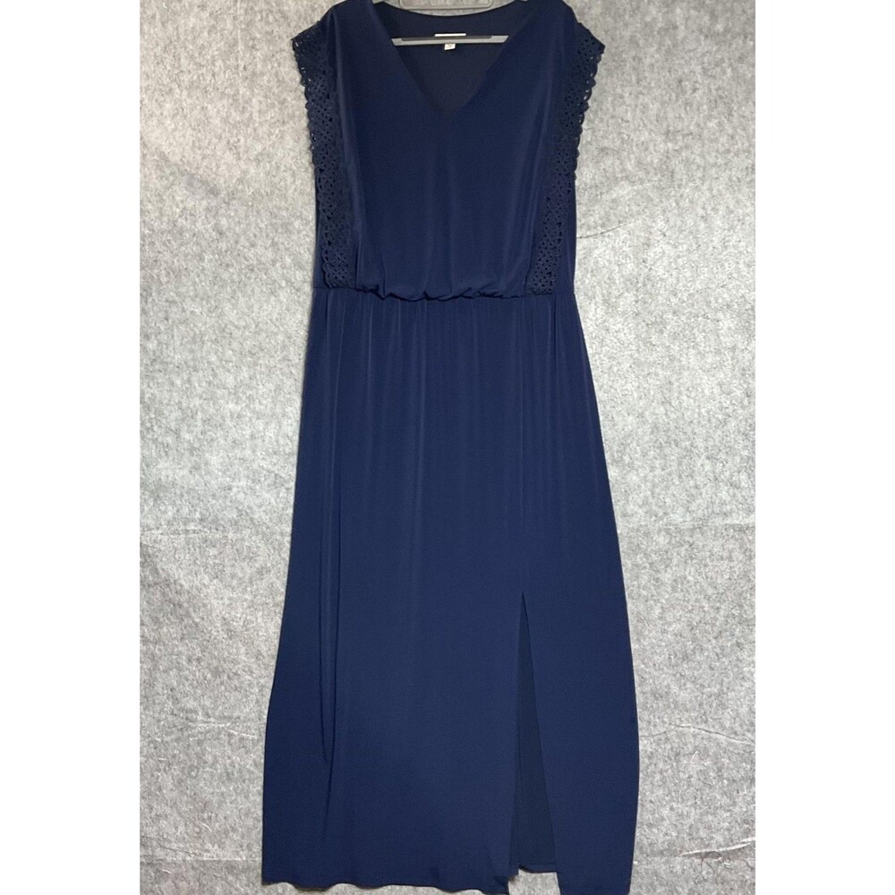Dressbarn Dress Womens 16 Blue Maxi Pleated Cap Sleeve V-Neck Stretch Capsule